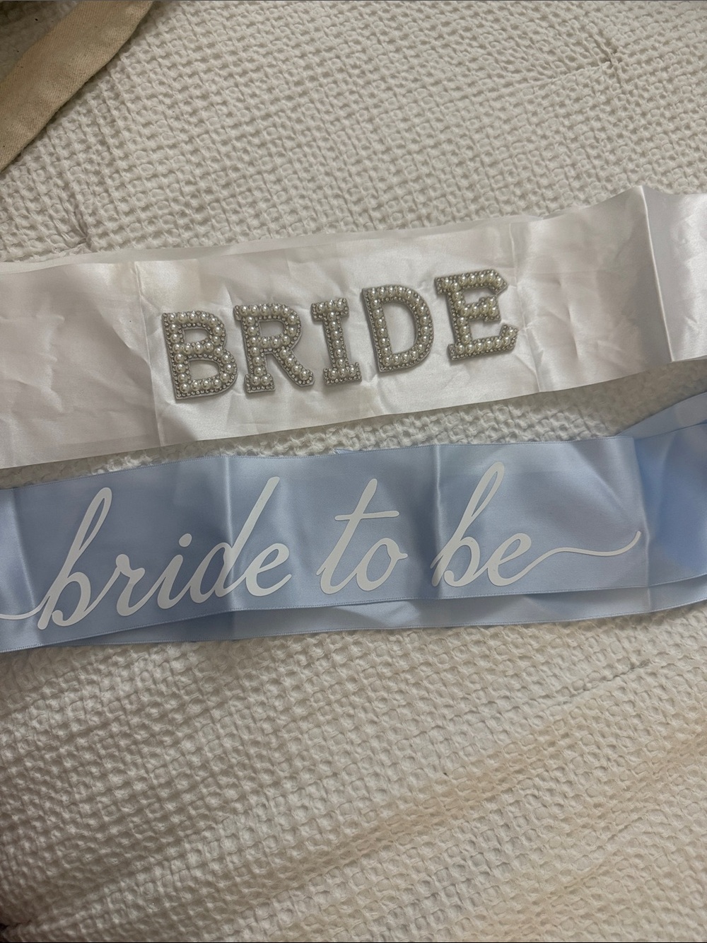 Bride & Bride-to-Be Satin Sashes - White and Light Blue